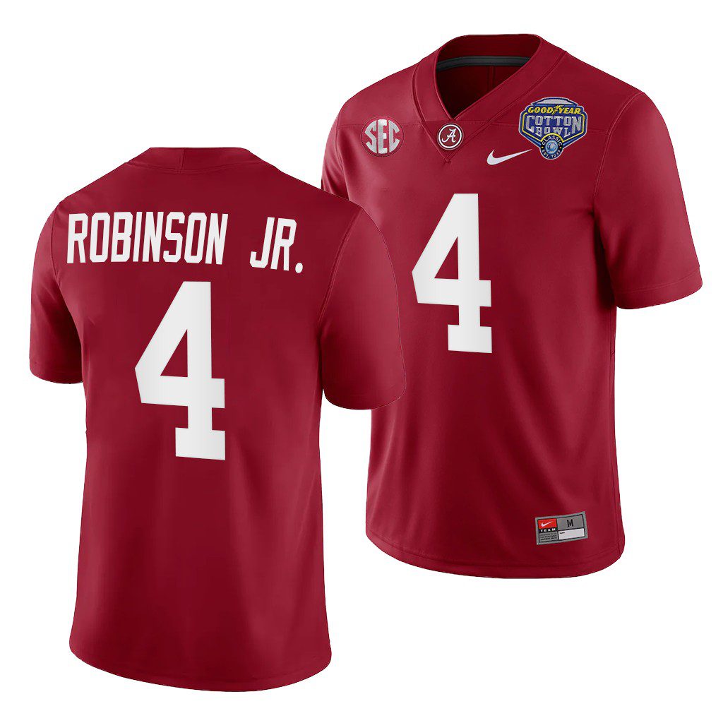 Men's Alabama Crimson Tide Brian Robinson Jr. #4 2021 Cotton Bowl Crimson Playoff Uniform NCAA College Football Jersey